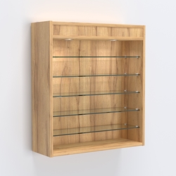 Витрина настенная №201-8Г открытая с пятью узкими полками, подсветкой и зеркалом, Дуб Золотистый