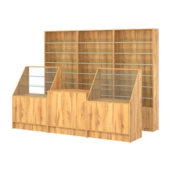 Комплект стеллажей с наклонными стеклянными полками SL-6 №12 и прилавков ЭК-07, Дуб Золотистый