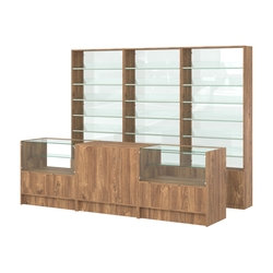 Комплект стеллажей с наклонными стеклянными полками SL-6 №12-1 и прилавков ЭК-03, Дуб Канзас коричневый