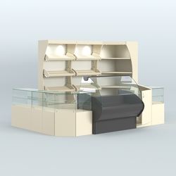 Угловой павильон с широкими прилавками для торговли хлебом и выпечкой №1, Крем Вайс + Белый