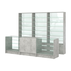 Комплект стеллажей с наклонными стеклянными полками SL-6 №12-1 и прилавков ЭК-04, Метрополитан Грей