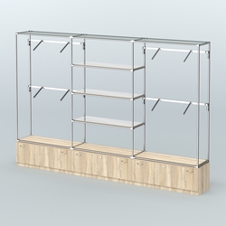 Торговая система ХРОМ без ДСП 3600 мм с тумбами Т11, зеркальными полками и поручнями №3, Дуб Сонома