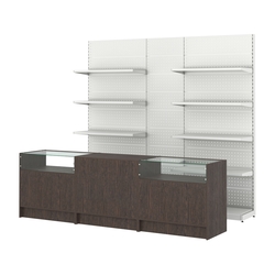 Комплект металлических стеллажей с полками и перфорацией и прилавков ЭК-2, Дуб Венге