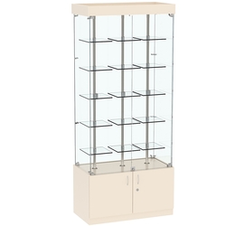 Стеклянная торговая витрина широкая с верхней подсветкой и маленькими прозрачными полками Фрактал №1-1, Крем Вайс