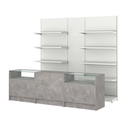 Комплект металлических стеллажей с полками и перфорацией и прилавков ЭК-2, Бетон Чикаго светло-серый F186 ST9