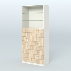 Шкаф для аптек с 16-ю ящиками и двумя стеклянными полками №7-1-С, Белый + Дуб Сонома