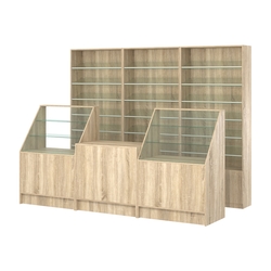 Комплект стеллажей с наклонными стеклянными полками SL-6 №12 и прилавков ЭК-07, Дуб сонома