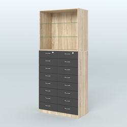 Шкаф для аптек с 16-ю ящиками и двумя стеклянными полками №7-1-С, Дуб Сонома + Черный