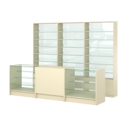 Комплект стеллажей с наклонными стеклянными полками SL-6 №12-1 и прилавков ЭК-04, Крем Вайс