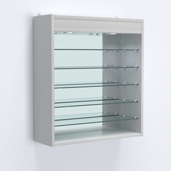 Витрина настенная №201-8Г открытая с пятью узкими полками, подсветкой и зеркалом, Серый