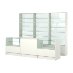 Комплект стеллажей с наклонными стеклянными полками SL-6 №12-1 и прилавков ЭК-03, Белый