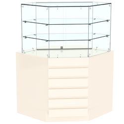 Торговый прилавок угловой со стеклянными шторками и фасадными панелями №15Э-02, Крем Вайс