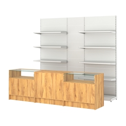 Комплект металлических стеллажей с полками и перфорацией и прилавков ЭК-2, Дуб Золотистый