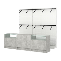 Комплект стеллажей с пристенными поручнями и прилавков ЭК-2 для торговли одеждой №5, Метрополитан Грей