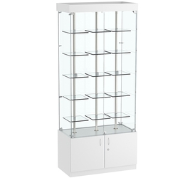 Стеклянная торговая витрина широкая с верхней подсветкой и маленькими прозрачными полками Фрактал №1-1, Серый