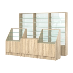 Комплект стеллажей с наклонными стеклянными полками SL-6 №12-1 и прилавков ЭК-07, Дуб сонома