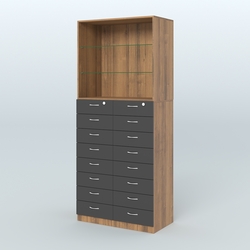 Шкаф для аптек с 16-ю ящиками и двумя стеклянными полками №7-1-С, Орех + Черный