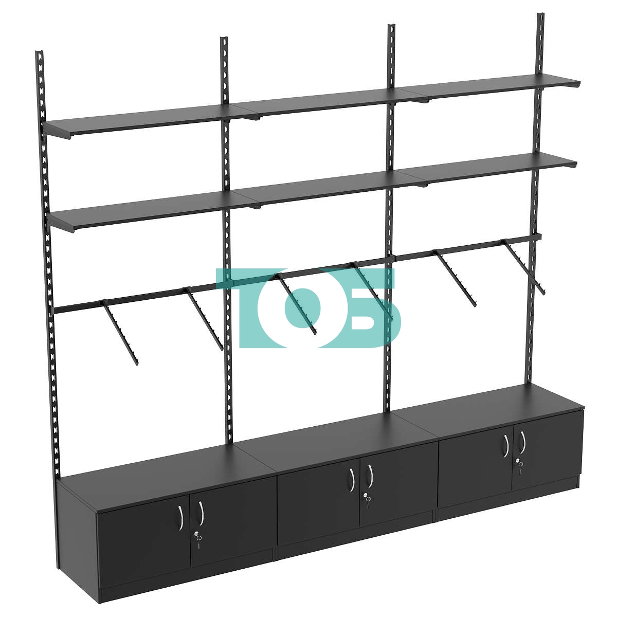 Настенная система с накопителем кронштейнами и полками ДСП для одежды ЛОФТ №6 (2700мм) Черный