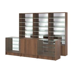 Комплект стеллажей с наклонными стеклянными полками SL-6 №12-2 и прилавков ЭК-04, Орех