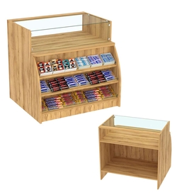 Торговый кассовый прилавок импульсных покупок со стеклянным верхом Импульс №3-1-900, Дуб Золотистый