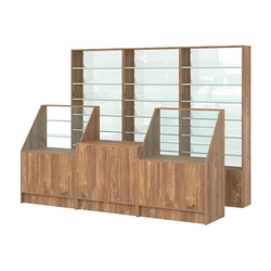 Комплект стеллажей с наклонными стеклянными полками SL-6 №12-1 и прилавков ЭК-07, Дуб Канзас коричневый