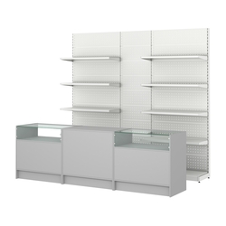 Комплект металлических стеллажей с полками и перфорацией и прилавков ЭК-2, Серый