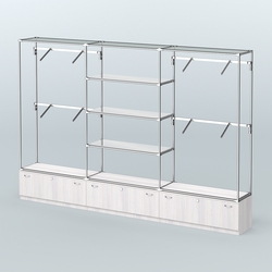 Торговая система ХРОМ без ДСП 3600 мм с тумбами Т11, зеркальными полками и поручнями №3, Ясень Анкор светлый