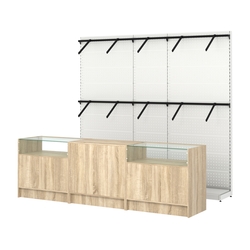 Комплект стеллажей с пристенными поручнями и прилавков ЭК-2 для торговли одеждой №5, Дуб сонома