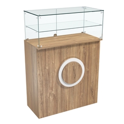 Торговый прилавок прямоугольный с декоративной накладкой и одной полкой КРУГ №2, Дуб канзас коричневый Н1113 ST10