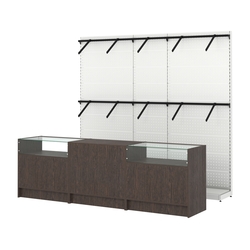 Комплект стеллажей с пристенными поручнями и прилавков ЭК-2 для торговли одеждой №5, Дуб Венге