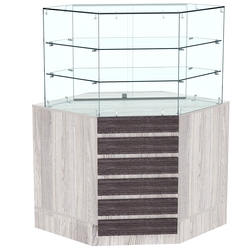 Торговый прилавок угловой со стеклянными шторками и фасадными панелями №15Э-02, Ясень Анкор светлый + Ясень Анкор темный