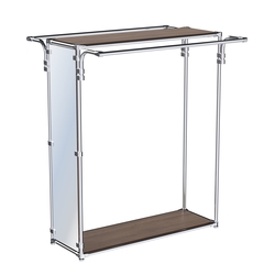 Хромированный глубокий стенд-вешало с усиленными поручнями, торец-зеркало ZTD-11 №1-3, полки ДСП 16 мм, Орех