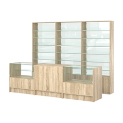 Комплект стеллажей с наклонными стеклянными полками SL-6 №12-1 и прилавков ЭК-03, Дуб сонома