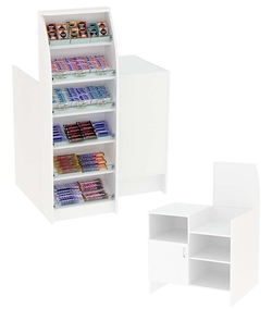 Торговый кассовый прилавок с шестью узкими наклонными полками для выкладки товаров импульсных покупок Импульс №2-3-450, Белый