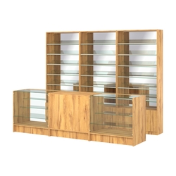 Комплект стеллажей с наклонными стеклянными полками SL-6 №12-2 и прилавков ЭК-04, Дуб Золотистый