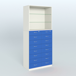 Шкаф для аптек с 16-ю ящиками и двумя стеклянными полками №7-1-С, Белый + Делфт голубой