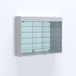 Витрина настенная №203-8А широкая с подсветкой, стеклянными полками и зеркалом, Серый