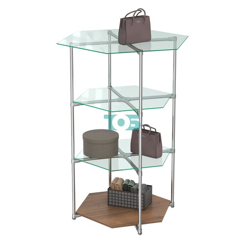 Торговый стенд ЗВЕЗДА с тремя стеклянными шестигранными полками №1