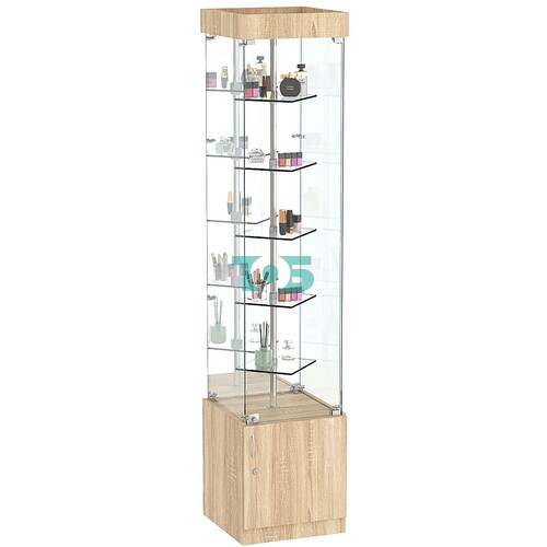 Стеклянная торговая витрина малая с зеркальной стенкой и двойными полками из прозрачного стекла Фрактал №4-1