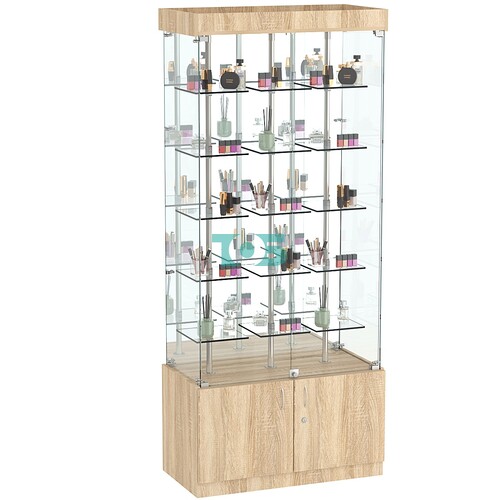 Стеклянная торговая витрина зеркальная с маленькими прозрачными полками Фрактал №3-1