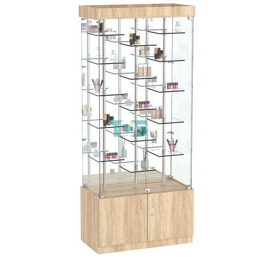 Стеклянная торговая витрина широкая с пятнадцатью двойными полочками из прозрачного стекла Фрактал №3-2