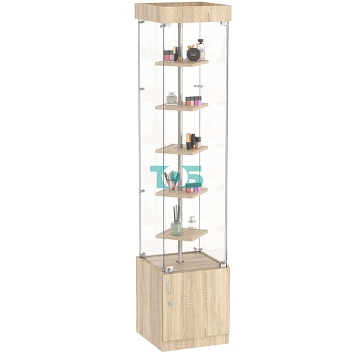 Стеклянная торговая витрина квадратная с маленькими полками ДСП серии Протон №2-1