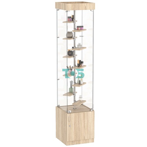 Стеклянная торговая витрина с прозрачными стенками и маленькими полками ДСП серии Протон №2-2