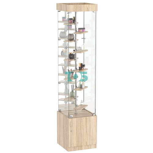 Стеклянная торговая витрина квадратной конструкции с небольшими полками ДСП серии Протон №4-2