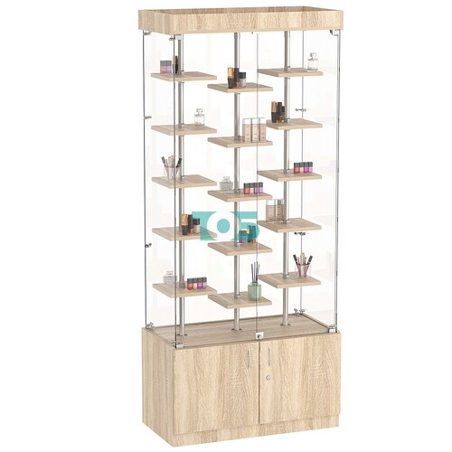 Стеклянная торговая витрина с накопителем и миниатюрными полками ДСП серии Протон №1-2