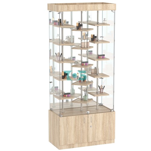 Стеклянная торговая витрина с хромирован- ными стойками и маленькими полками ДСП серии Протон №3-3