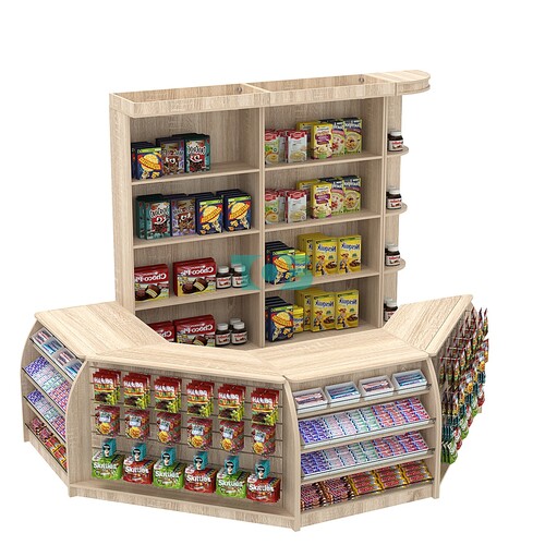 Комплект кассовой зоны со скосами и открытыми стеллажами средний №2-1