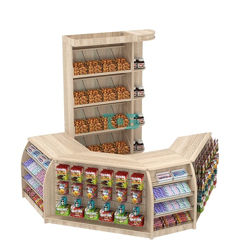 Комплект кассовой зоны со скосами и стеллажами под конфеты и орехи малый №1-1