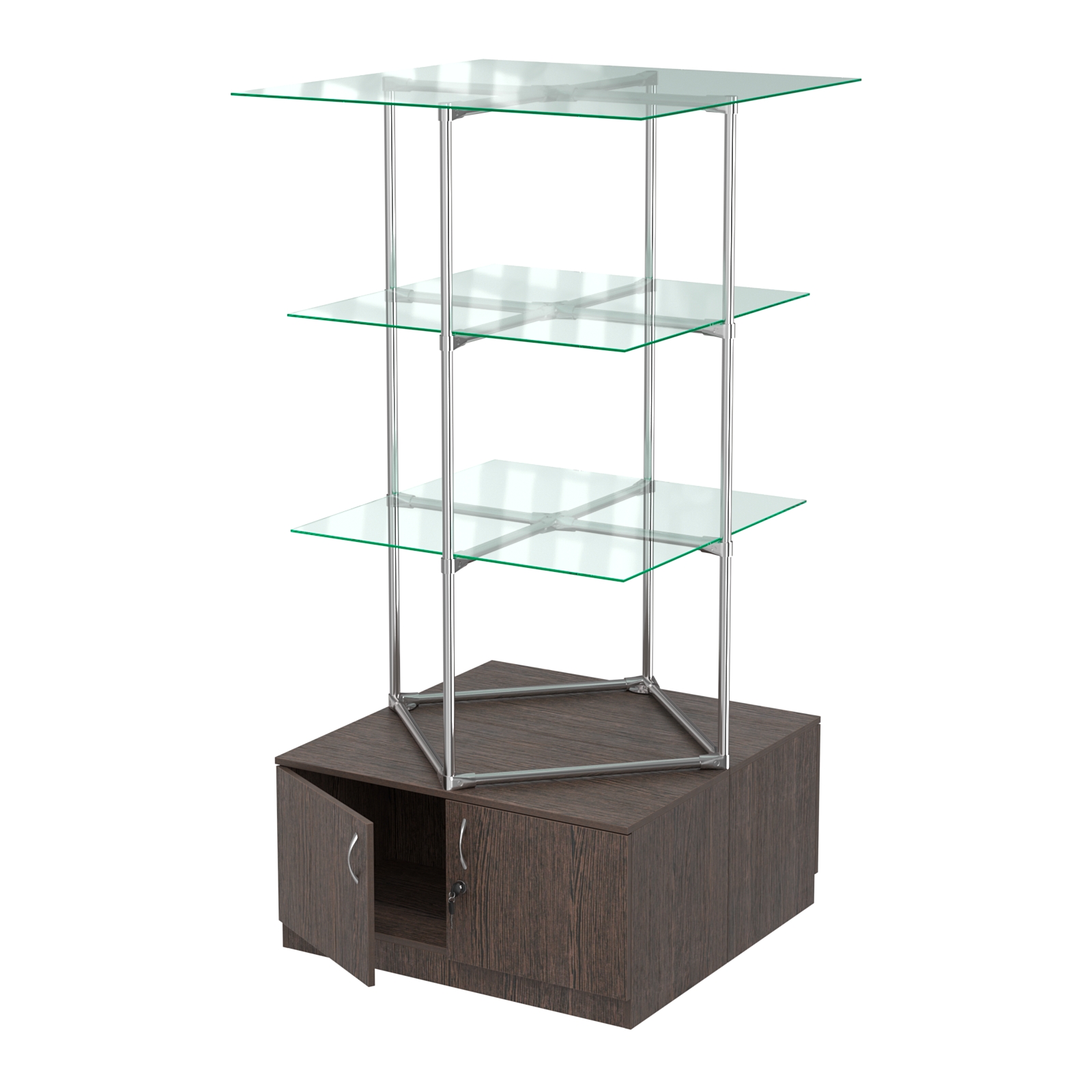 Торговые стенды Экспозиция с полками и тумбами №1 (с двумя стеклянными полками 6мм) Дуб Венге