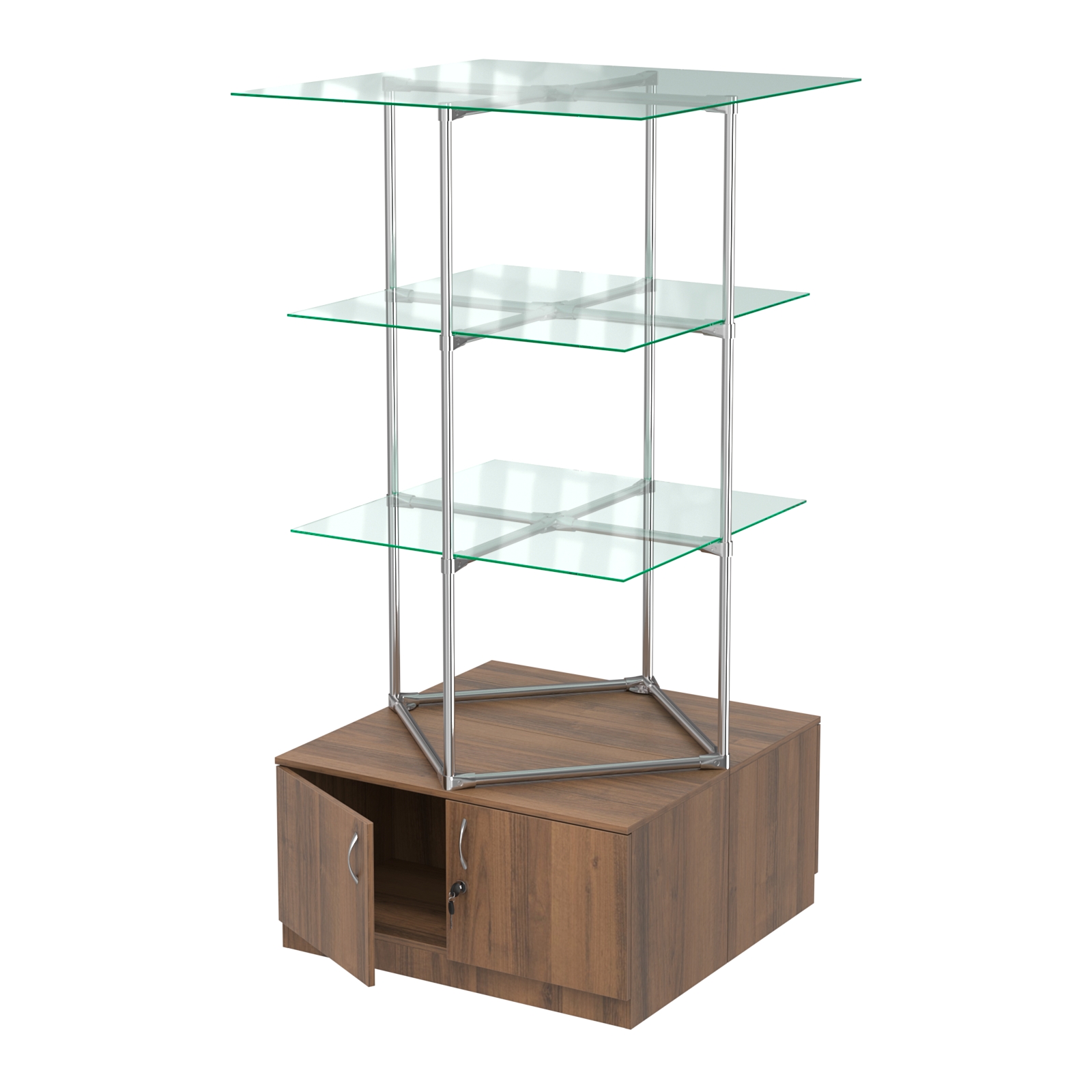 Торговые стенды Экспозиция с полками и тумбами №1 (с двумя стеклянными полками 6мм) Орех